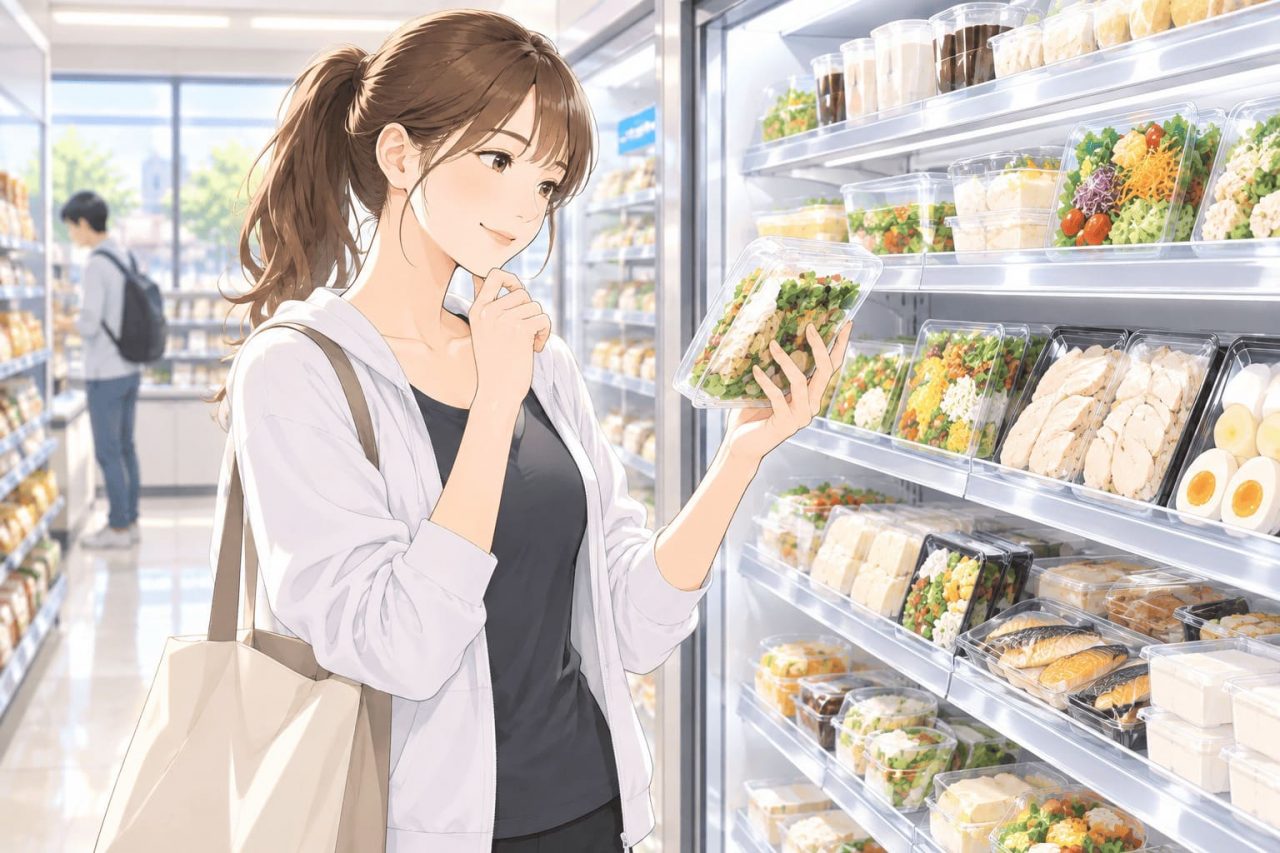 コンビニで高タンパクな食事を選んでいる人のイメージ