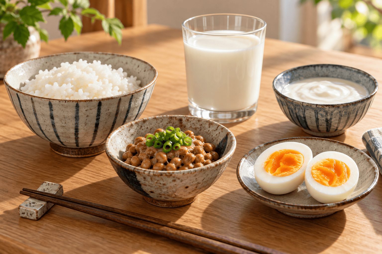 ごはん・卵・納豆と乳製品を並べた朝食