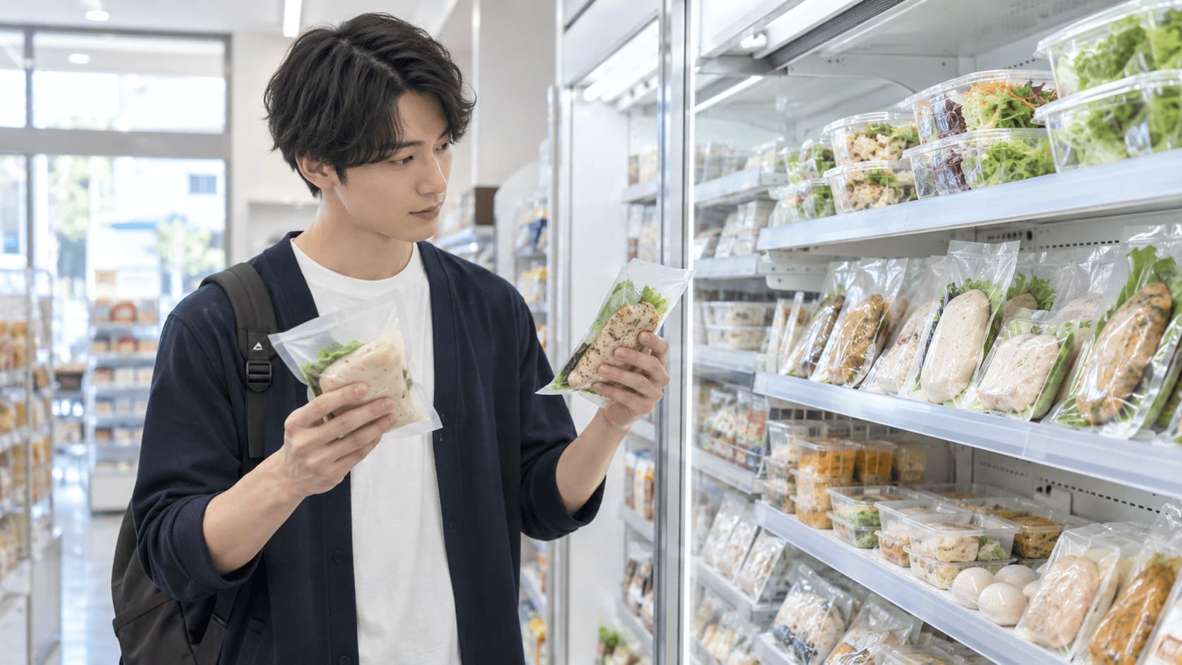 コンビニでサラダチキンなど高タンパクな食品を選んでいる人のイメージ