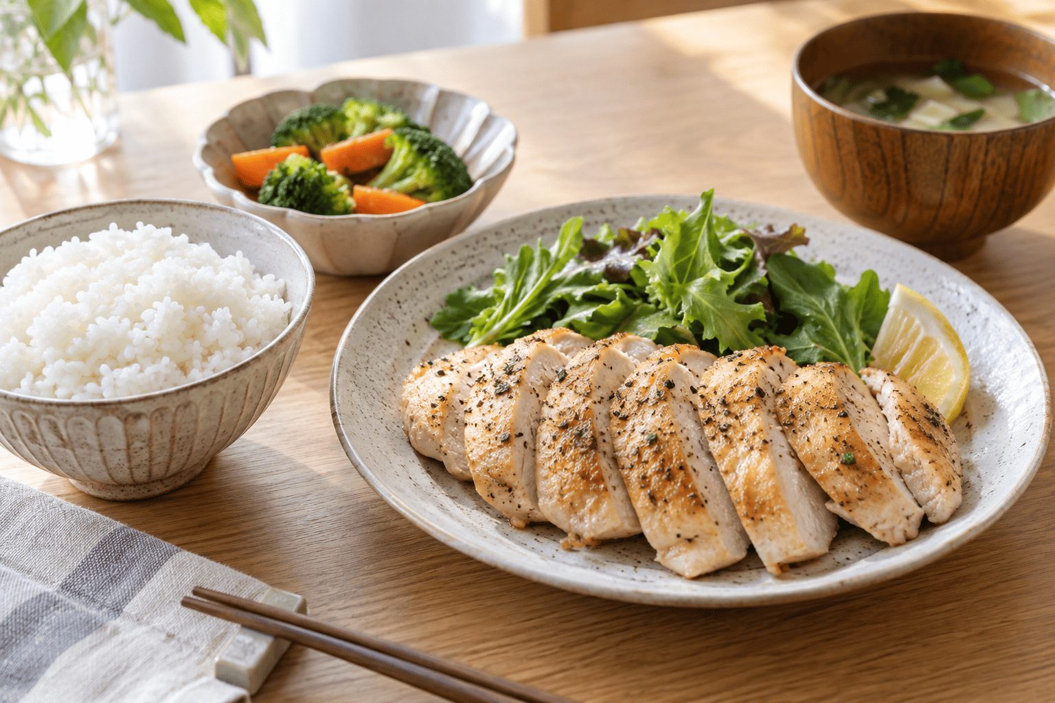 鶏むね肉、ごはん、野菜を組み合わせた昼ごはんのイメージ
