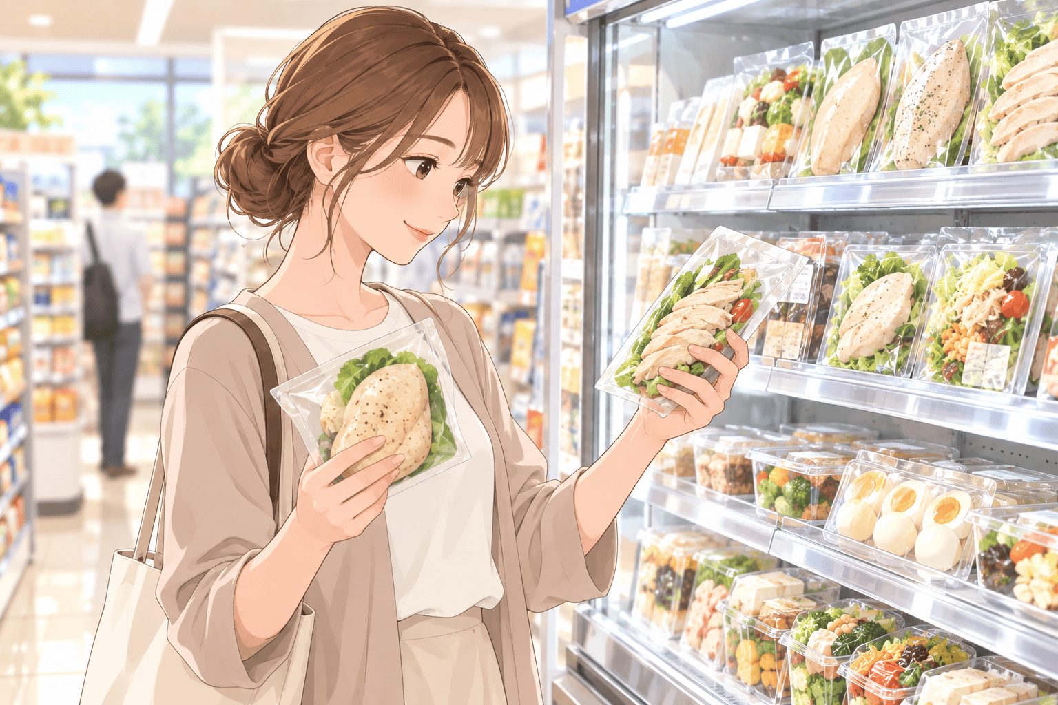 コンビニで高タンパクな食事を選んでいる人のイメージ