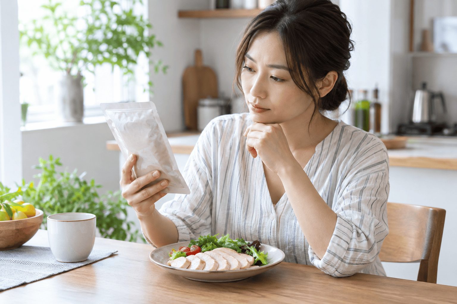 サラダチキンの袋を手に取って選び方を考える人物のイメージ