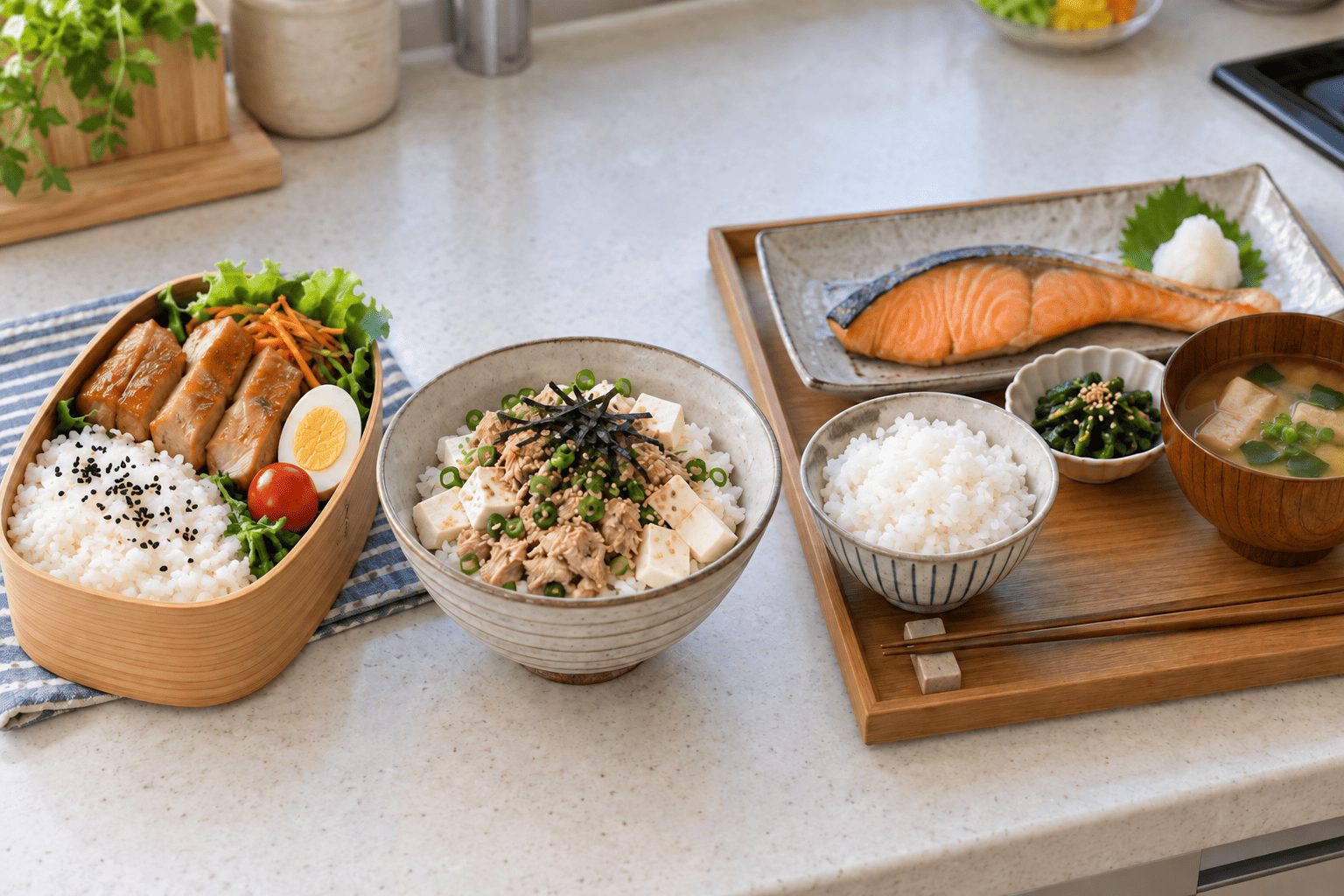 鶏の弁当、豆腐と魚の丼、焼き魚定食という昼食の選択肢