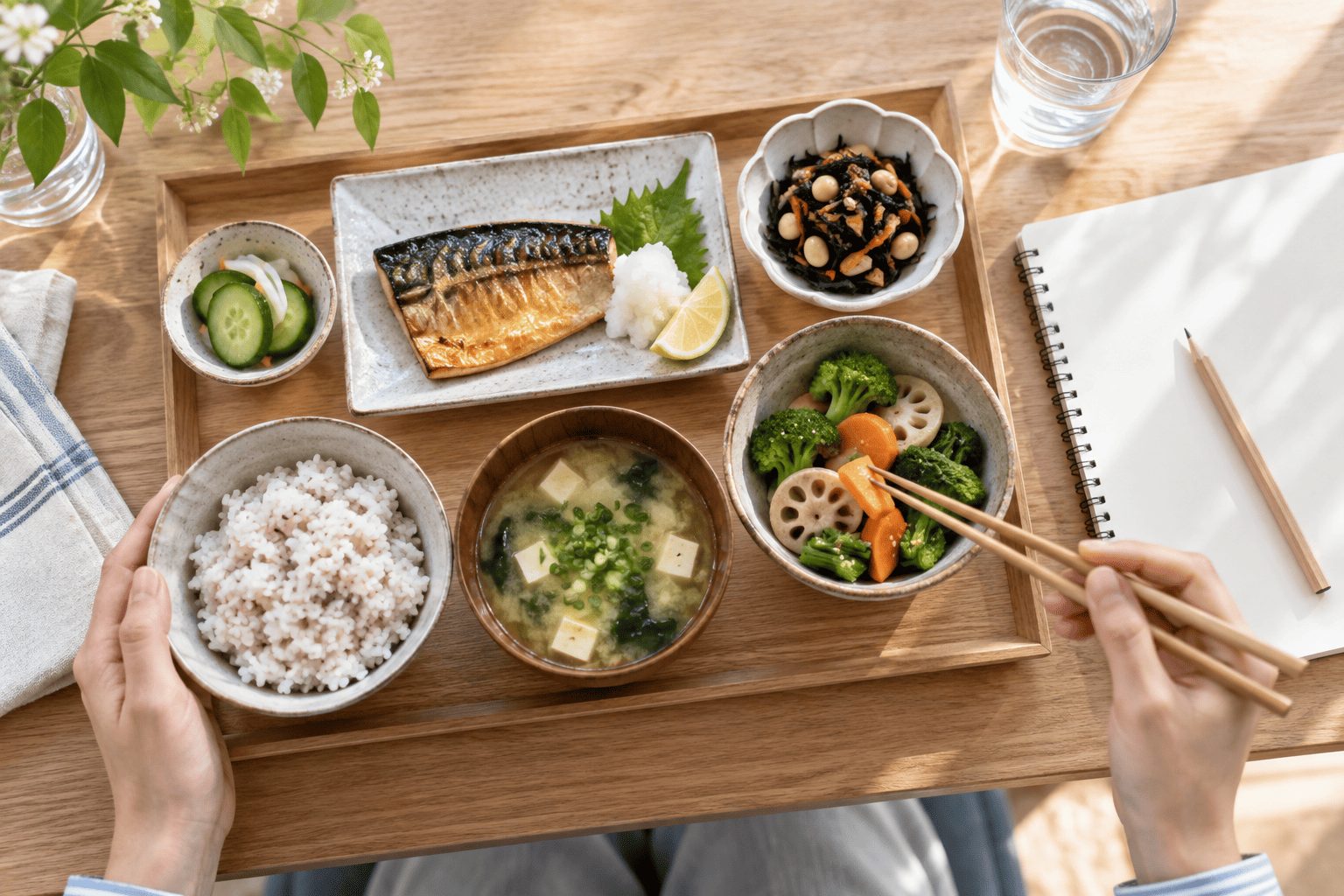 魚の定食とメモを並べ、昼食の内容を考えるイメージ