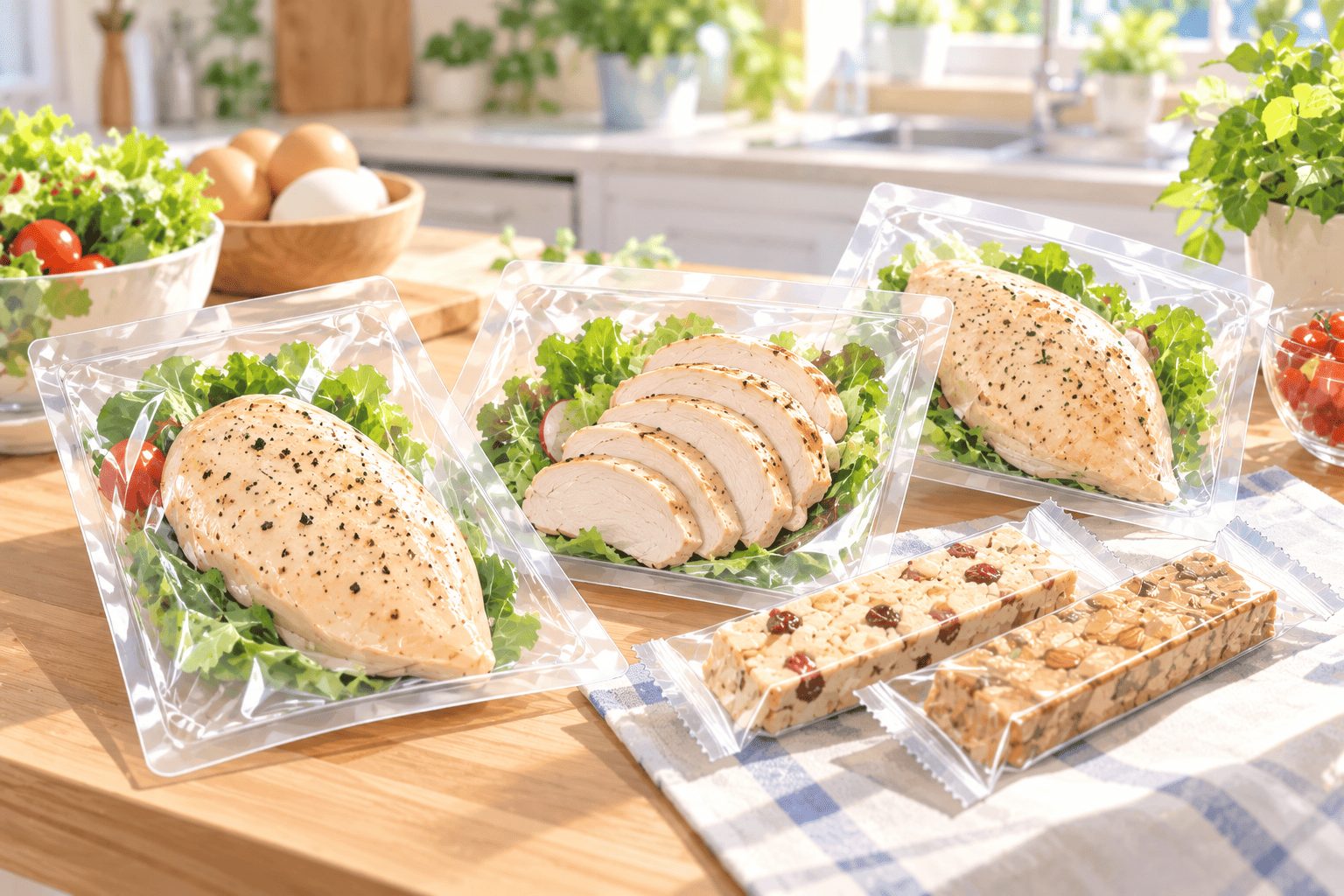 サラダチキンとプロテインバーがテーブルに並んでいる様子
