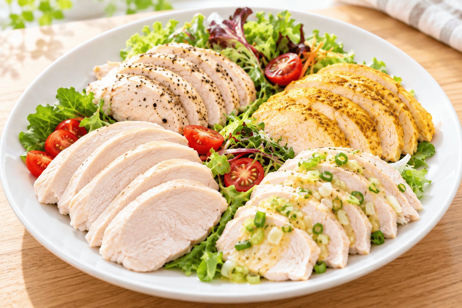 プレーンや香辛料を使ったサラダチキンの盛り付けイメージ