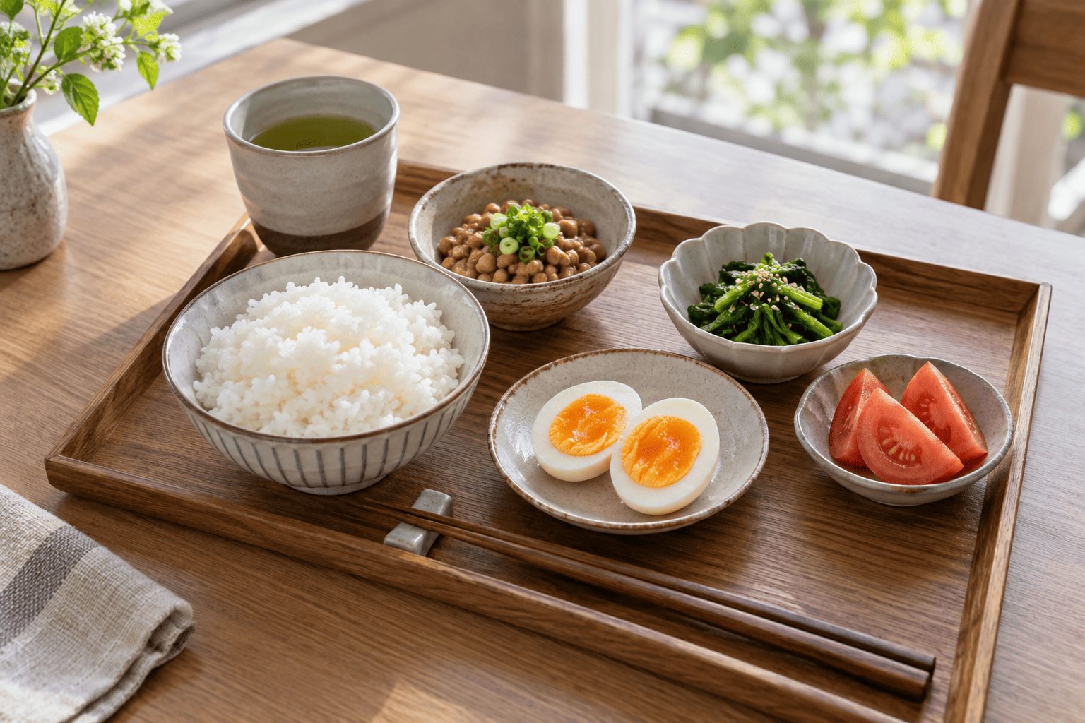 主食と主菜に野菜を添えた朝食