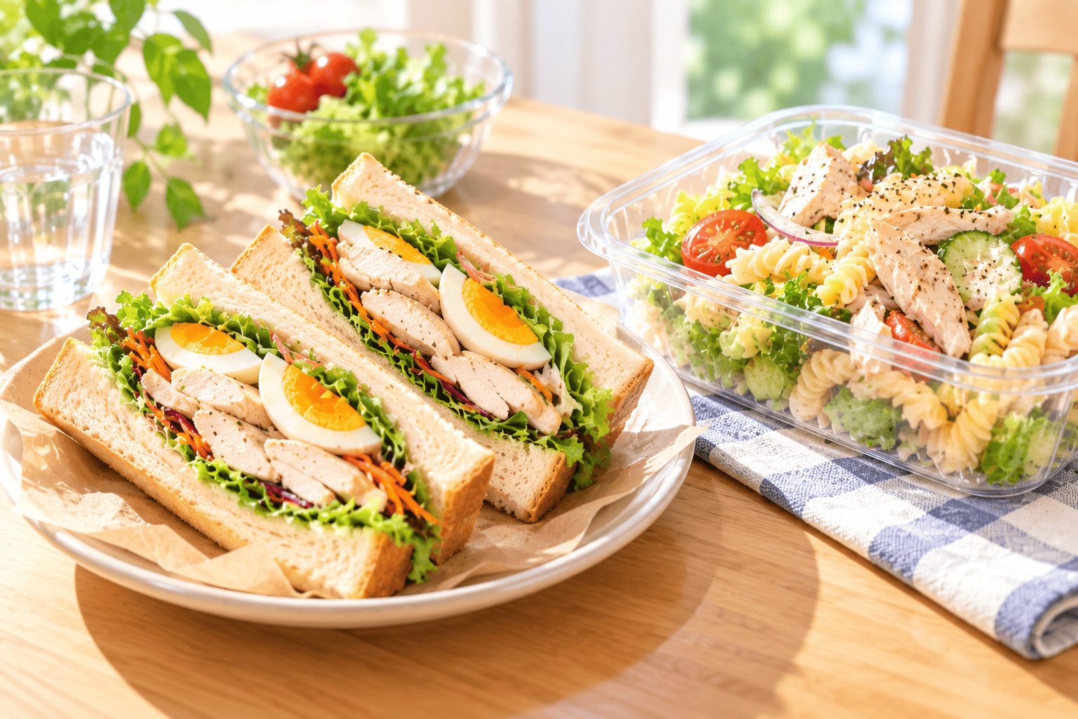 サンドイッチとパスタサラダがテーブルに並んでいる様子
