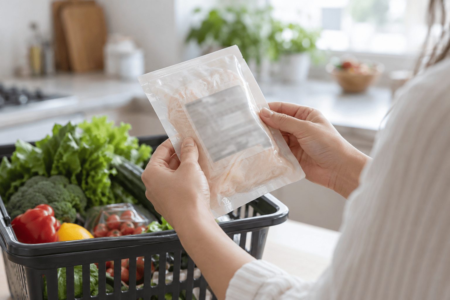 食品の袋の裏面表示を確認する手元のイメージ