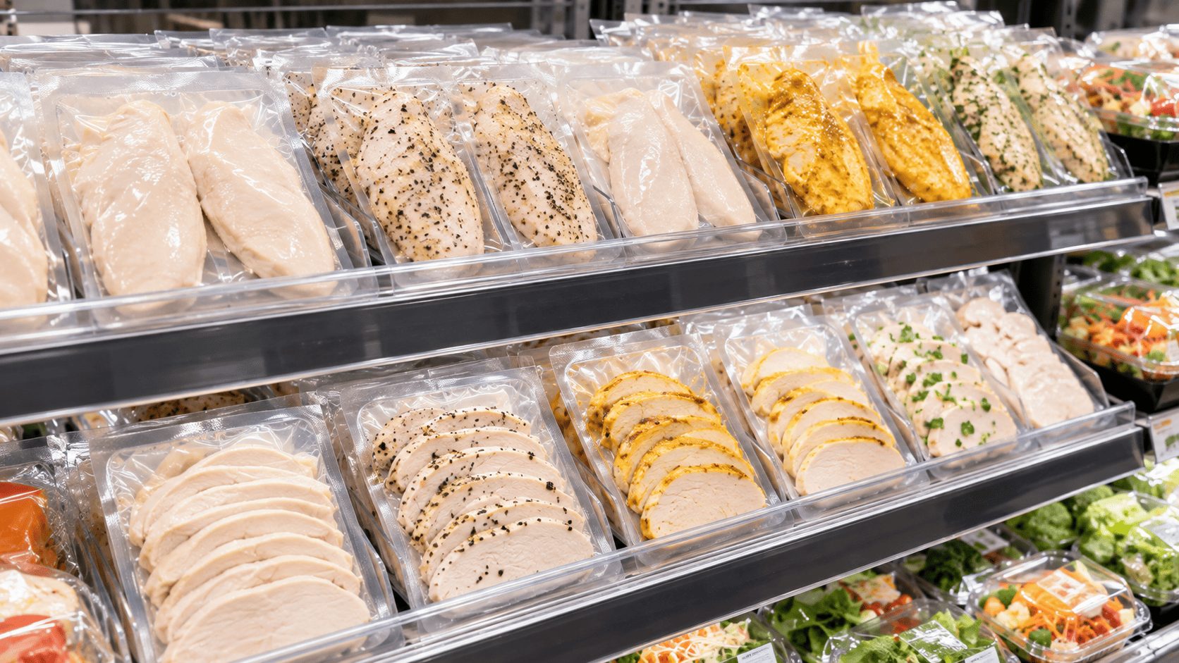 スーパーの食品売り場でサラダチキンを探すイメージ