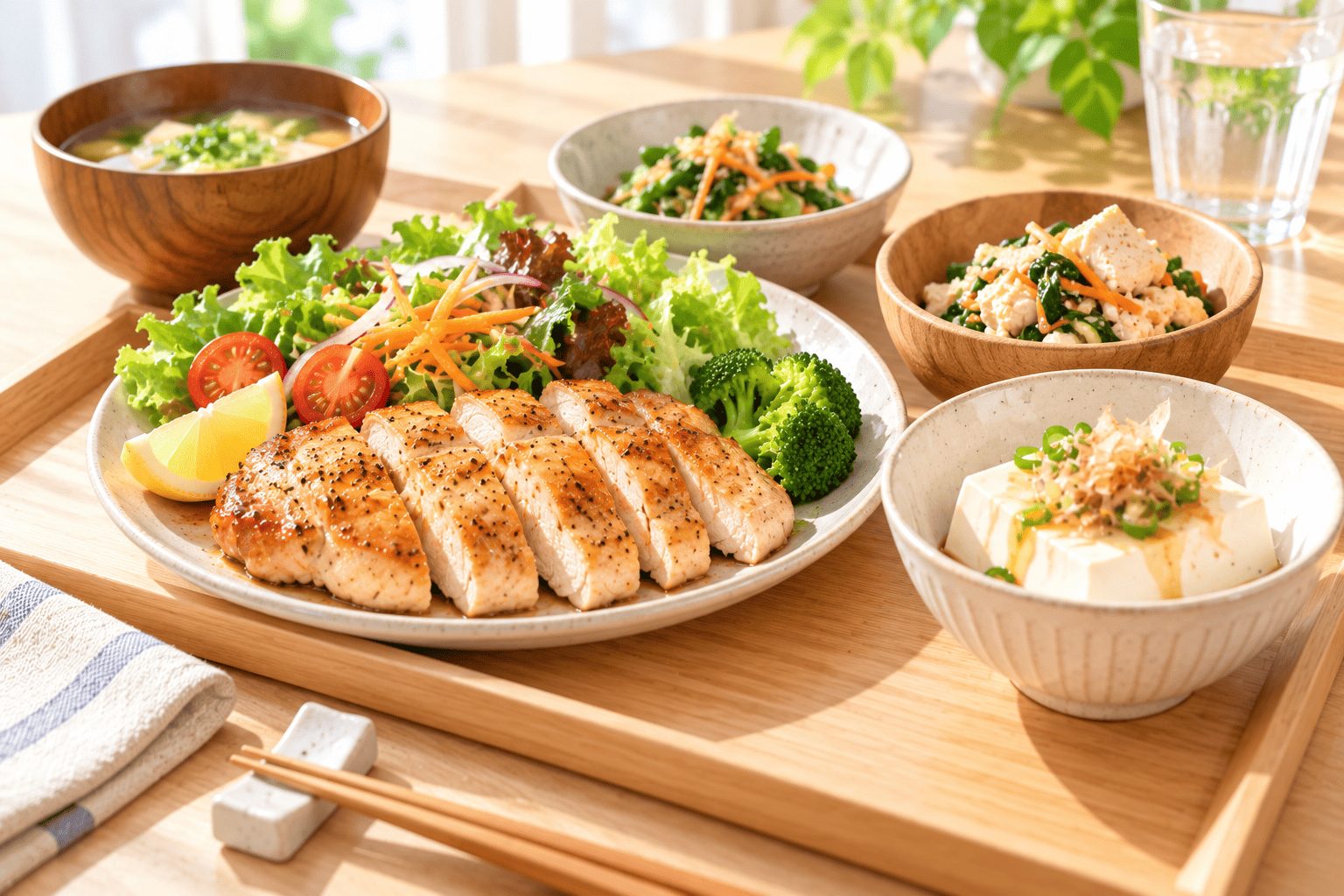 グリルチキンと豆腐を使ったおかずが並んだ料理写真