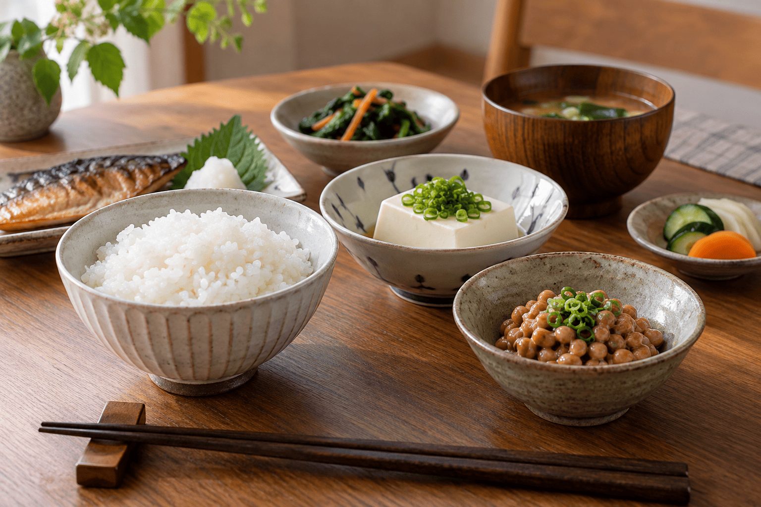 納豆と豆腐を添えたごはんの朝食