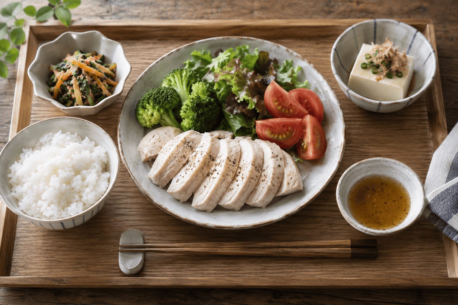 サラダチキンにご飯と野菜のおかずを合わせた食事のイメージ