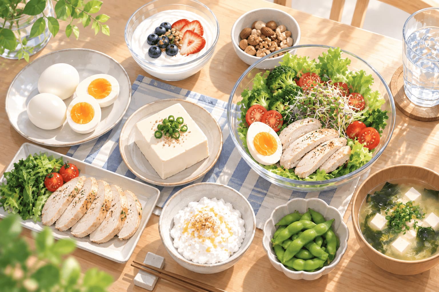 ゆで卵・豆腐・ヨーグルト・サラダなど高タンパクな食材が並んだテーブル