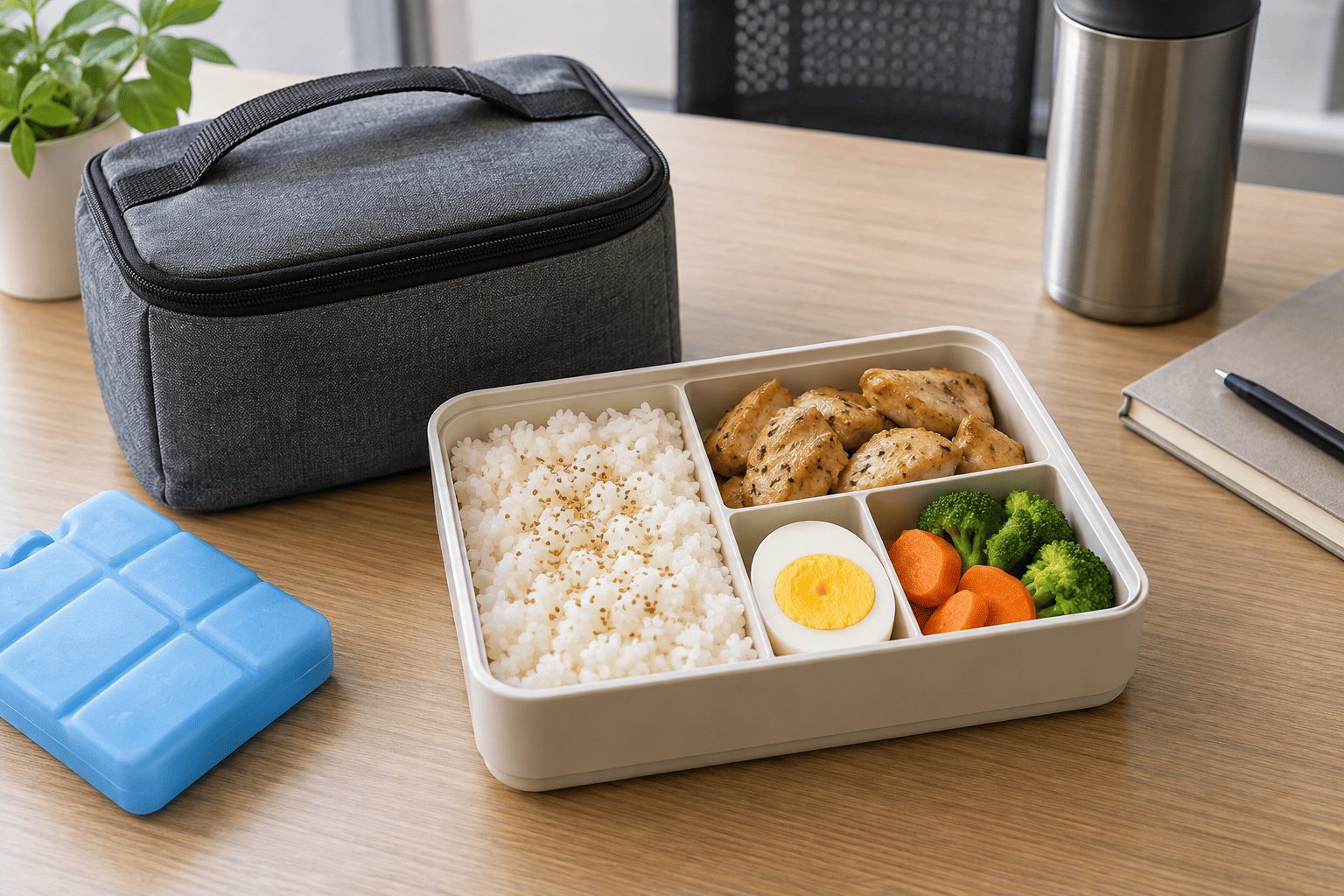 鶏肉、ごはん、固ゆで卵、加熱野菜を詰めた弁当と保冷用品