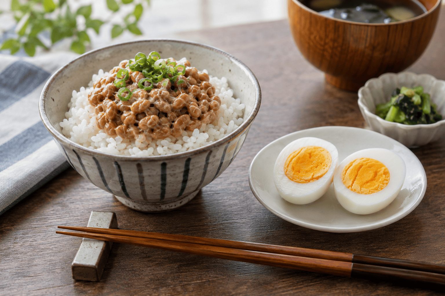 納豆ごはんとゆで卵の組み合わせ