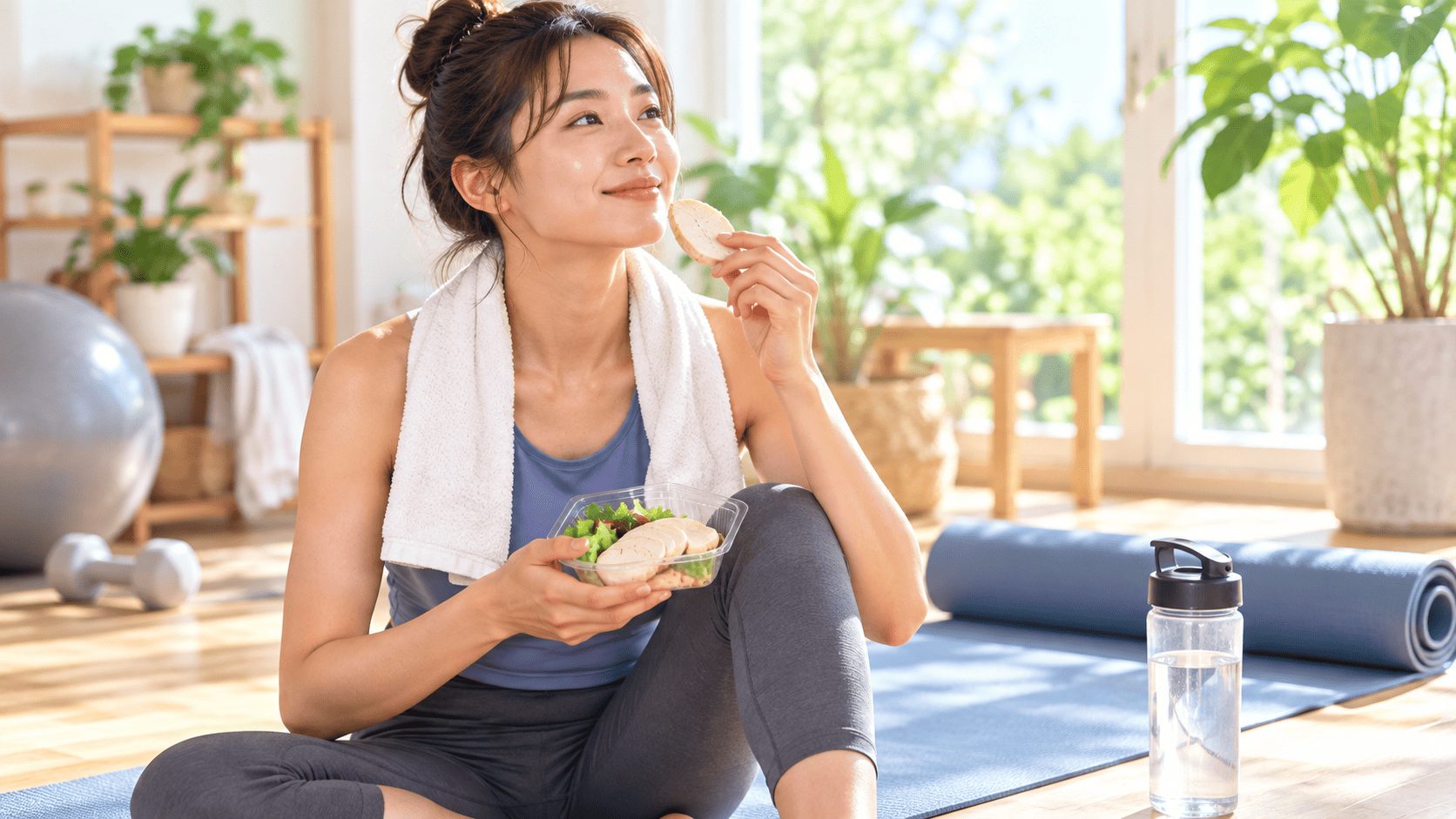 運動後に高タンパクな軽食をとってリラックスしている様子