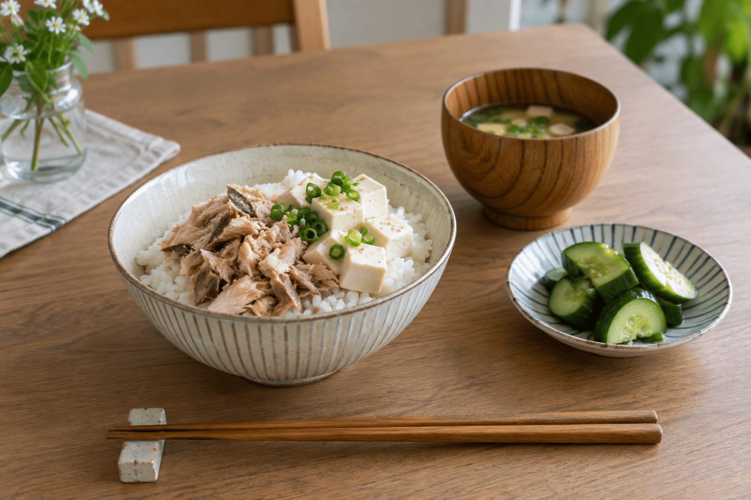 ごはんに豆腐と魚のほぐし身を合わせた丼と野菜の小皿