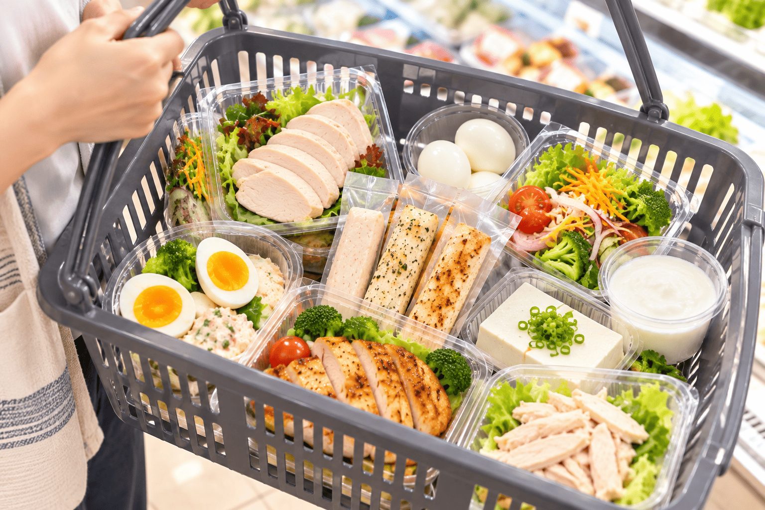 買い物カゴに入った高タンパクな食品のイメージ