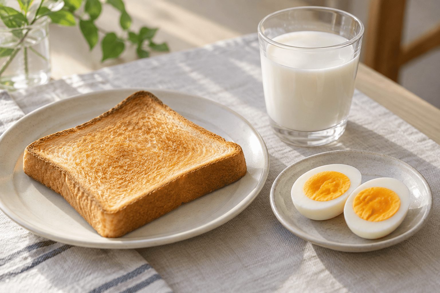 トーストとゆで卵、牛乳の朝食