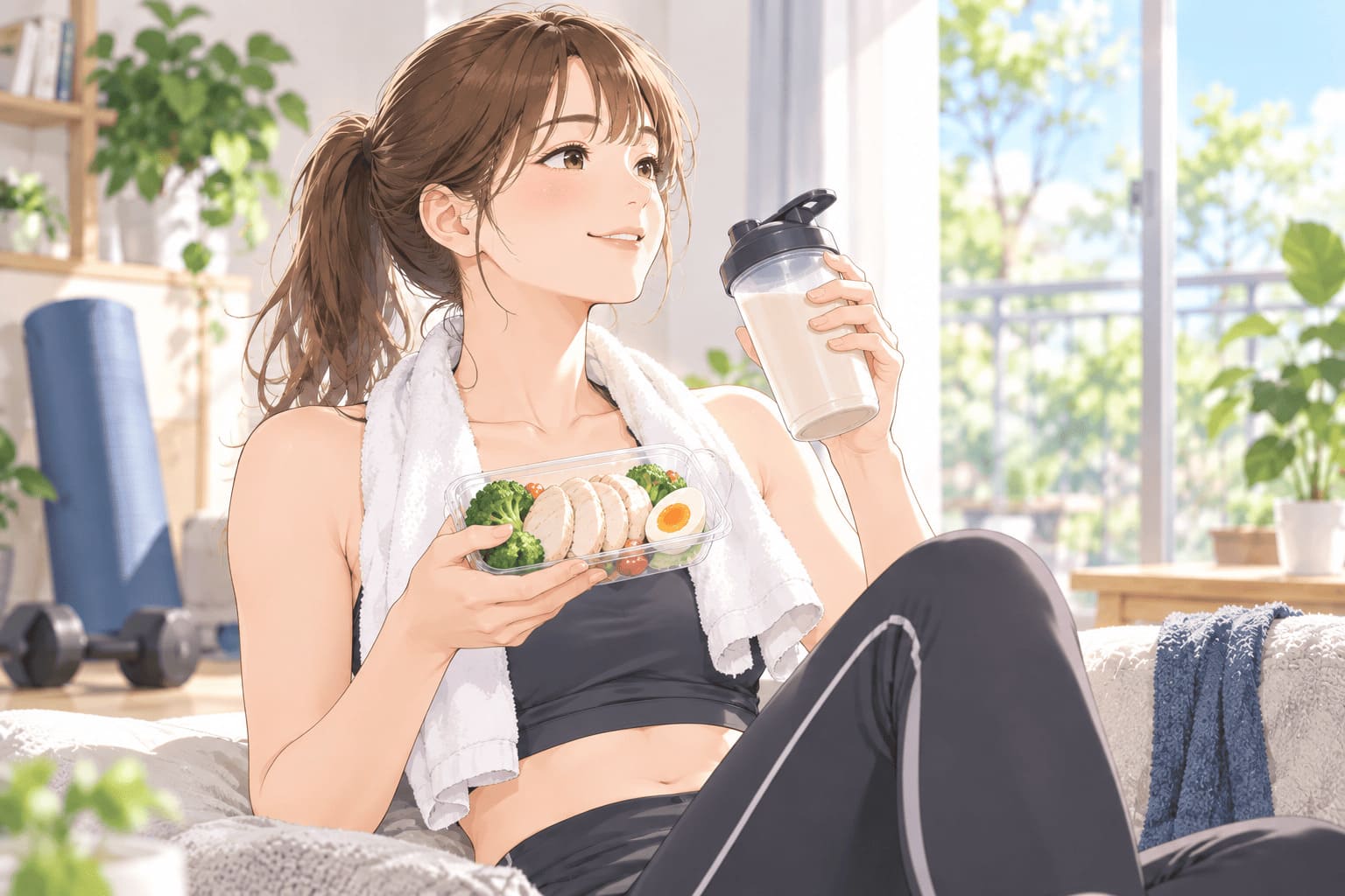 運動後に高タンパクな軽食をとってリラックスしている様子
