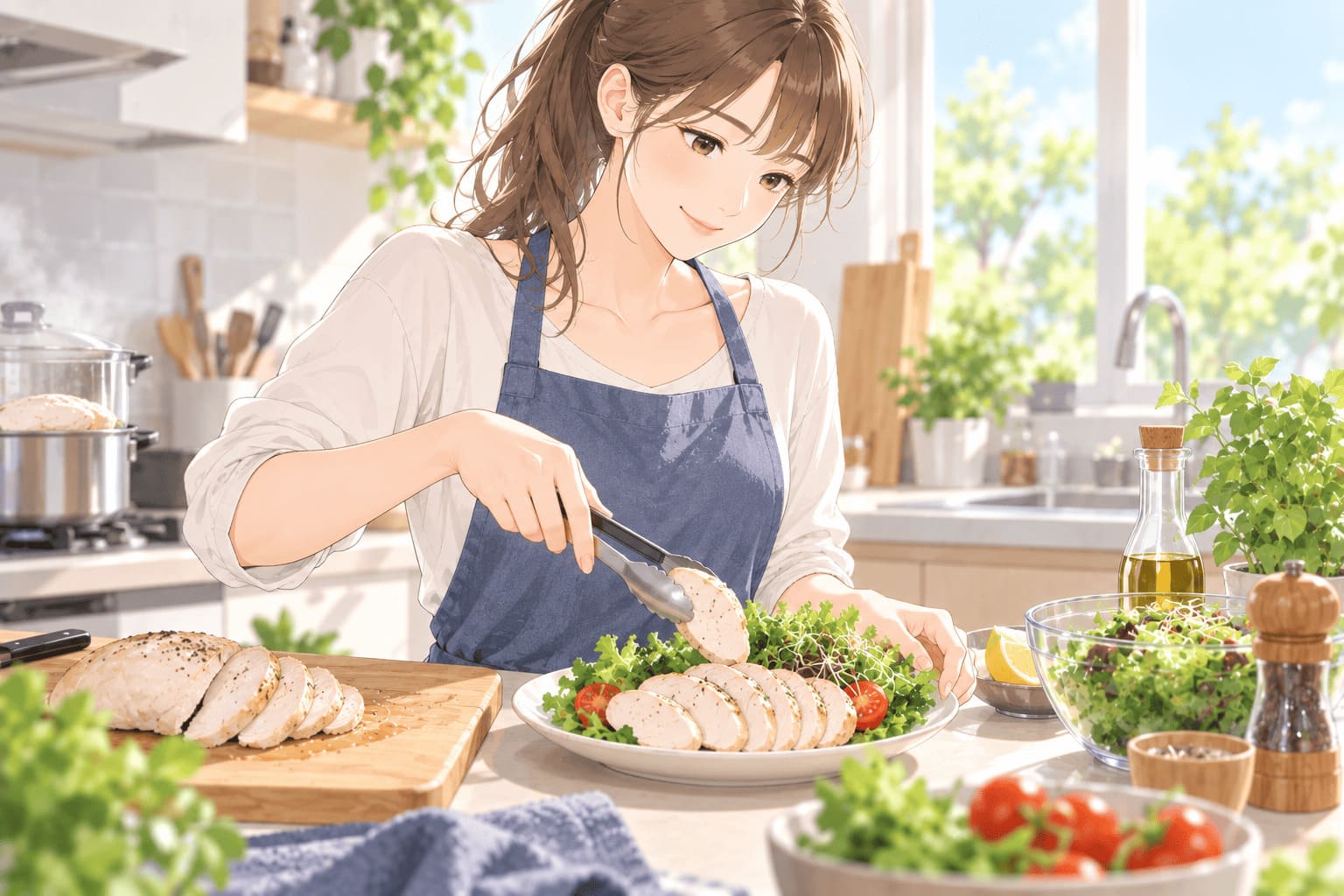 スライスした蒸し鶏をサラダに盛り付けているキッチンの様子