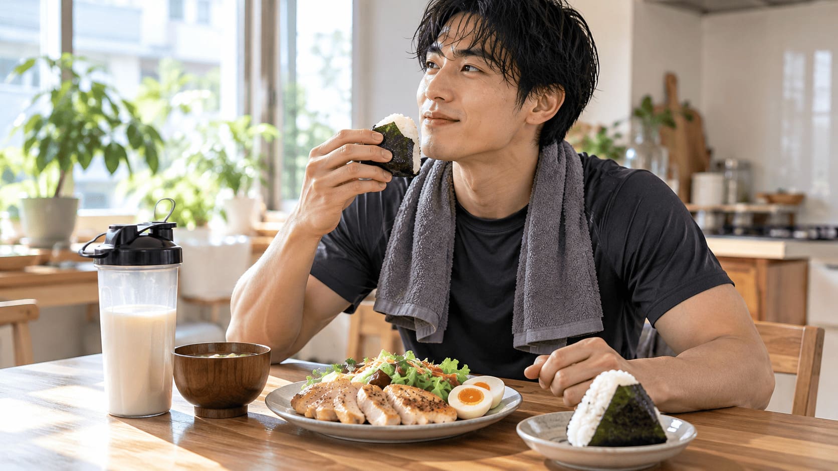 運動後に高タンパクな軽食をとってリラックスしている様子