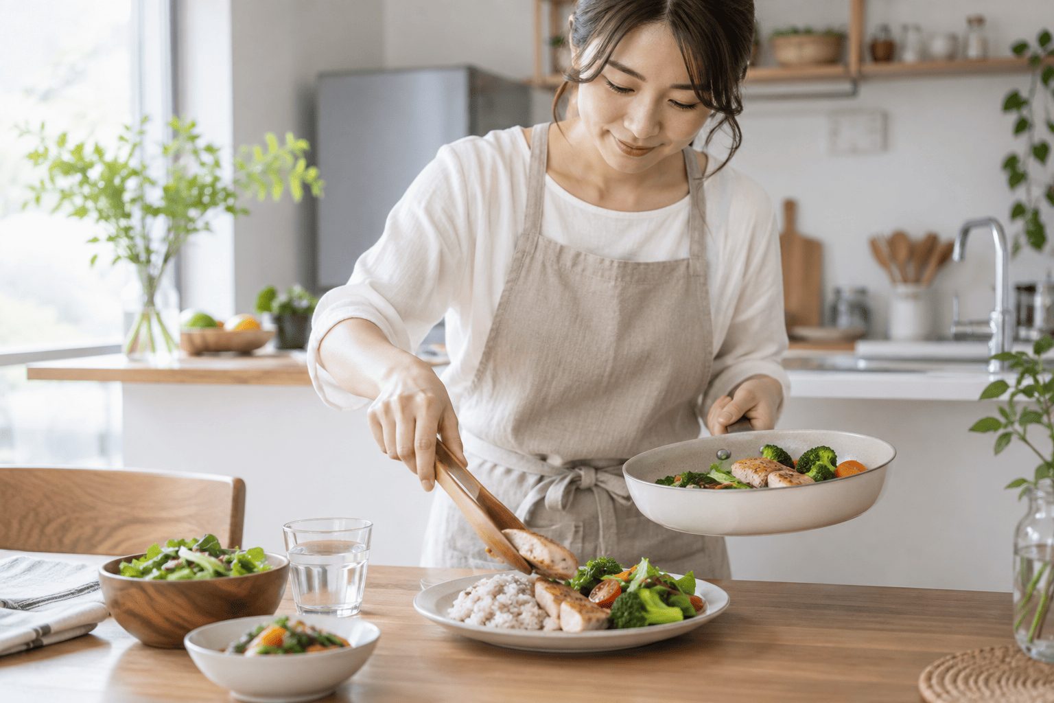 鶏肉と野菜をご飯に添えて日々の食事を準備するイメージ