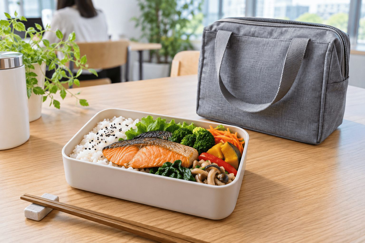 ごはん、焼き鮭、色とりどりの野菜を詰めた昼食用の弁当