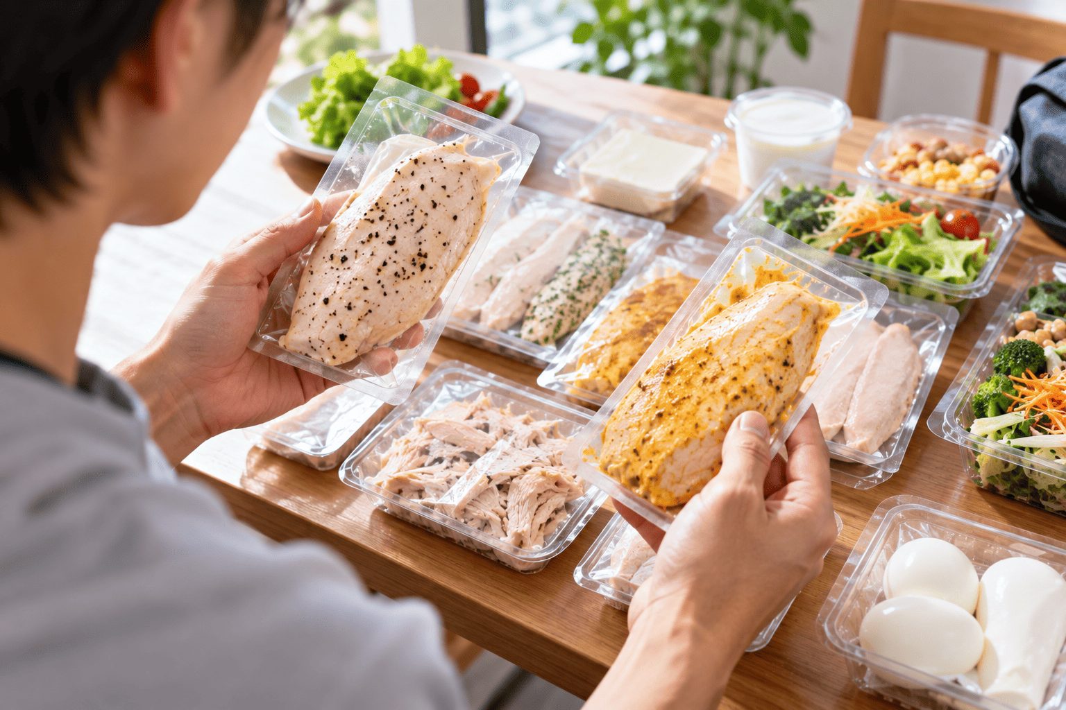 食事の用途に合わせてサラダチキンを選ぶイメージ