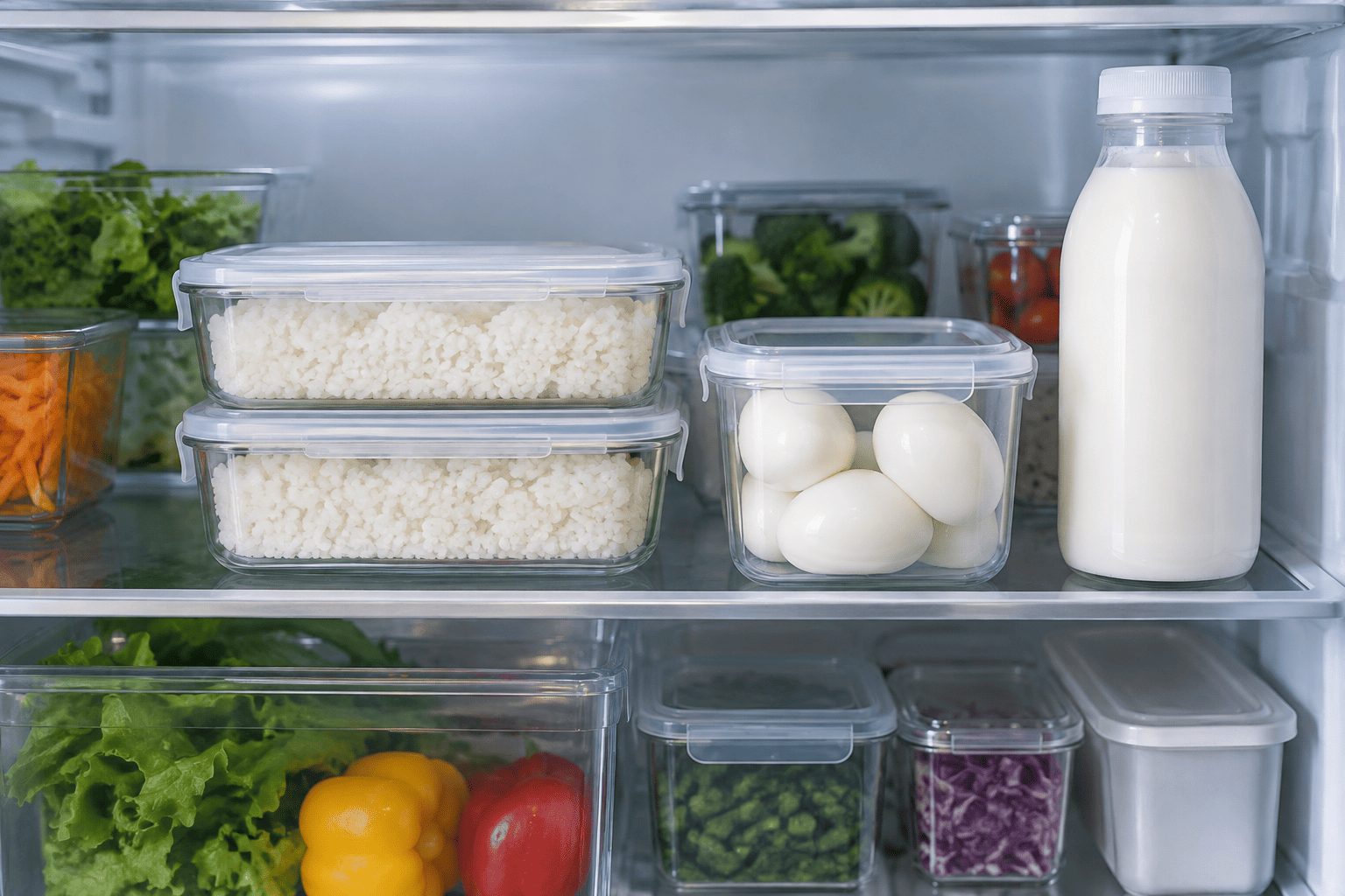 朝食用の食品を清潔な容器で冷蔵保存する様子