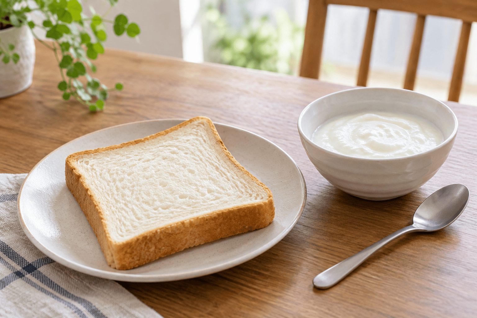 パンとヨーグルトを用意した少ない品数の朝食