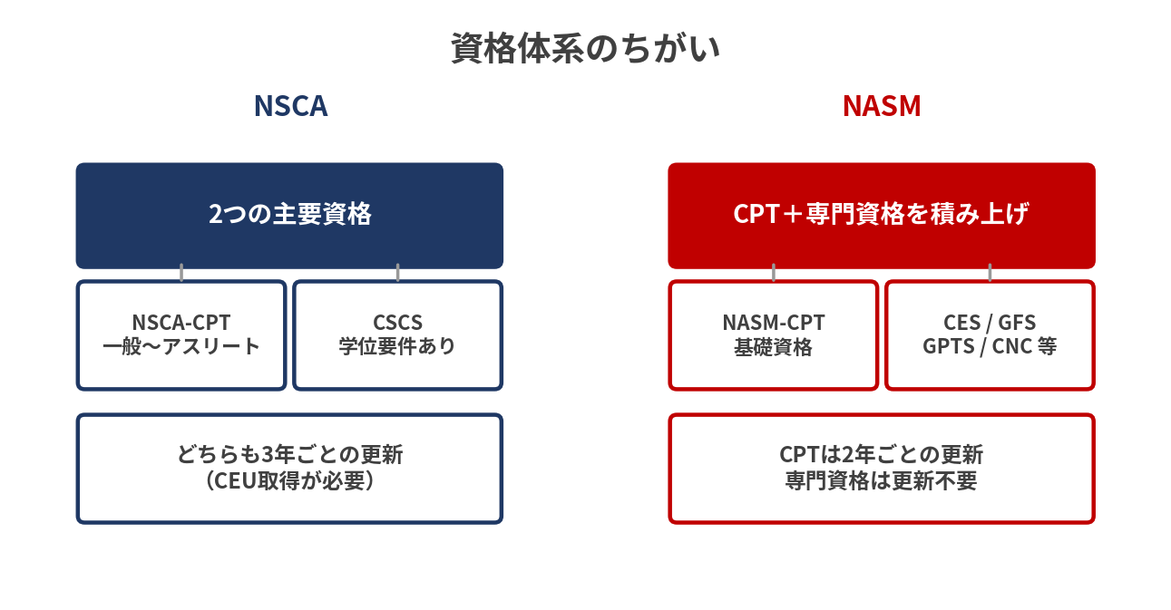 NSCAとNASMの資格体系の比較図