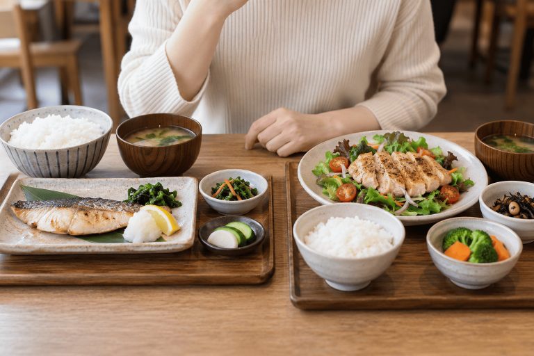 外食で魚料理と鶏肉料理の定食を選ぶ場面のイメージ