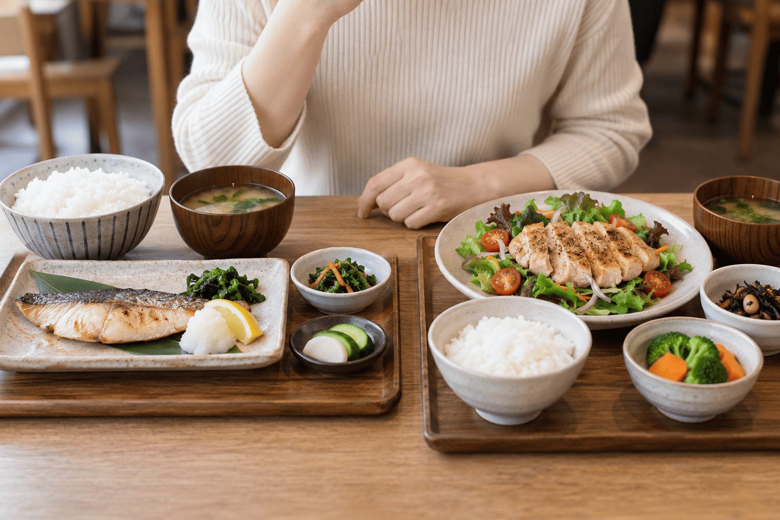 外食で魚料理と鶏肉料理の定食を選ぶ場面のイメージ