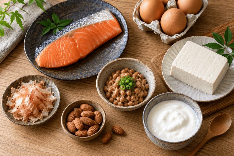 魚・卵・豆腐・納豆などタンパク質源になる食品のイメージ