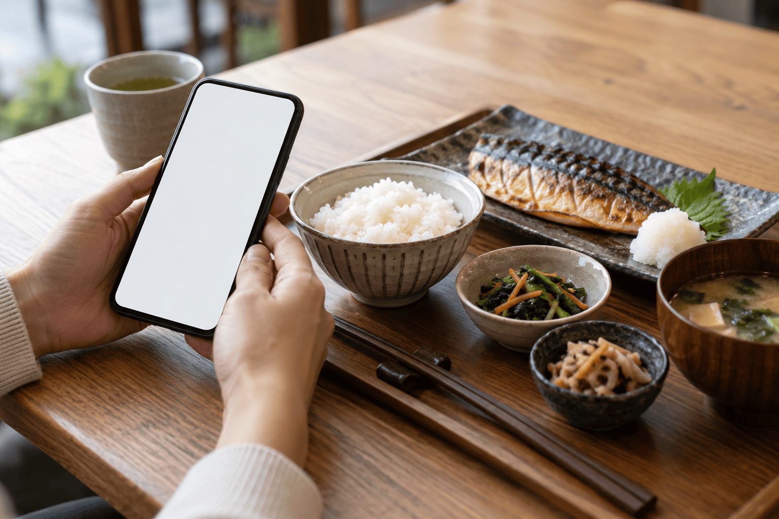 外食の料理を前にスマートフォンで選ぶ場面のイメージ