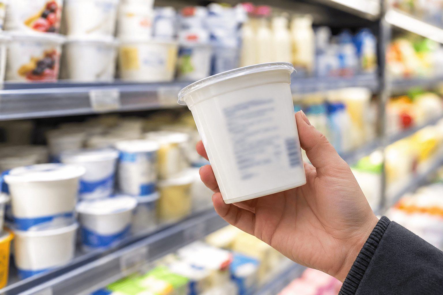 スーパーの冷蔵売り場で商品の表示を確かめるイメージ