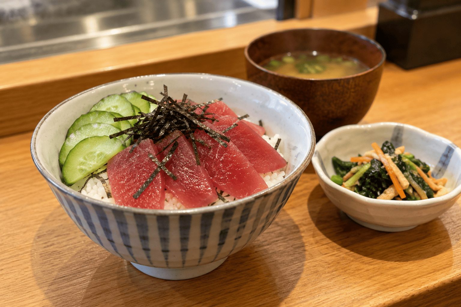 赤身魚を乗せた海鮮丼と野菜の副菜のイメージ