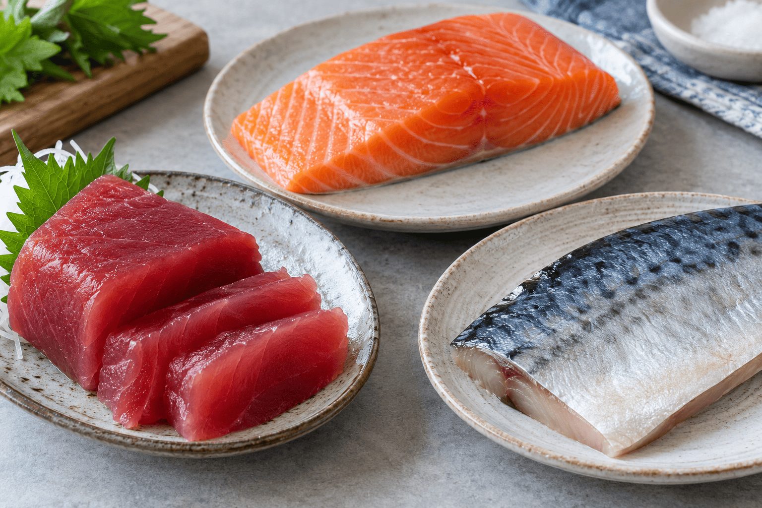 まぐろ・鮭・サバの材料を別皿に用意したイメージ