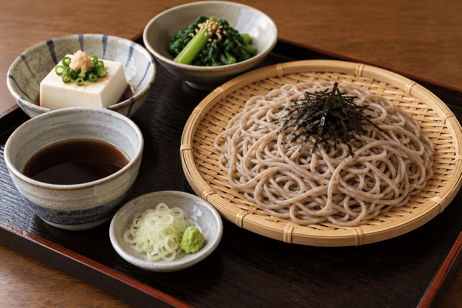 そばに冷奴と野菜料理を添えた食事のイメージ