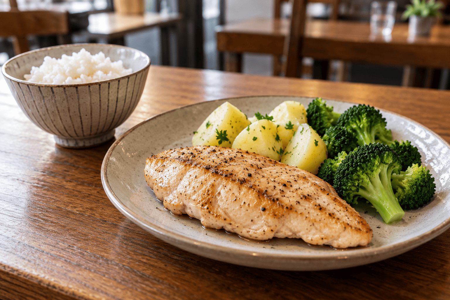 グリルした鶏肉と野菜とごはんのイメージ