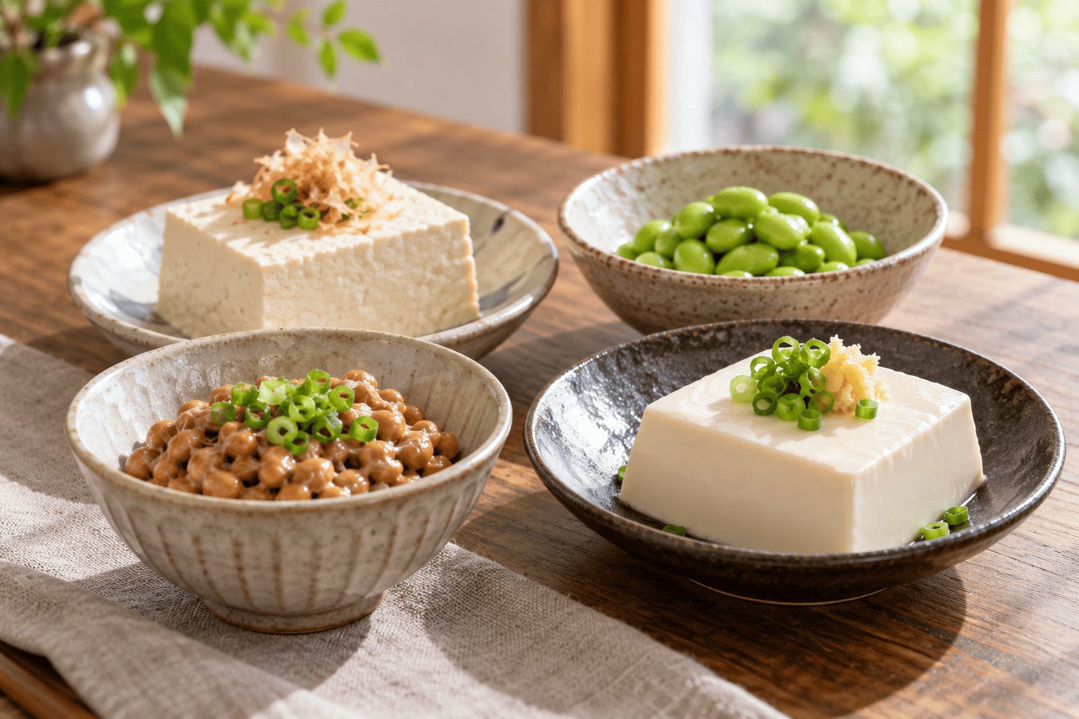 納豆・豆腐・ゆでた枝豆を一品にするイメージ