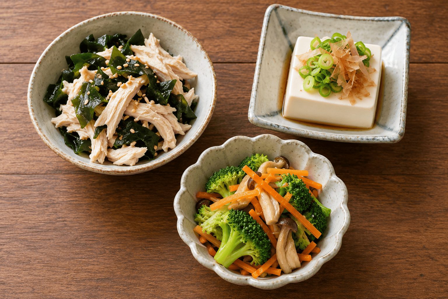 蒸し鶏と海藻の小鉢と冷奴と野菜料理のイメージ