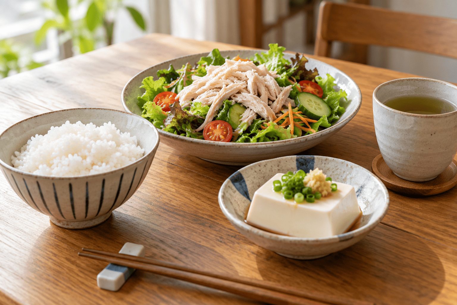 ご飯・豆腐・鶏肉入りのサラダを組み合わせた食事のイメージ