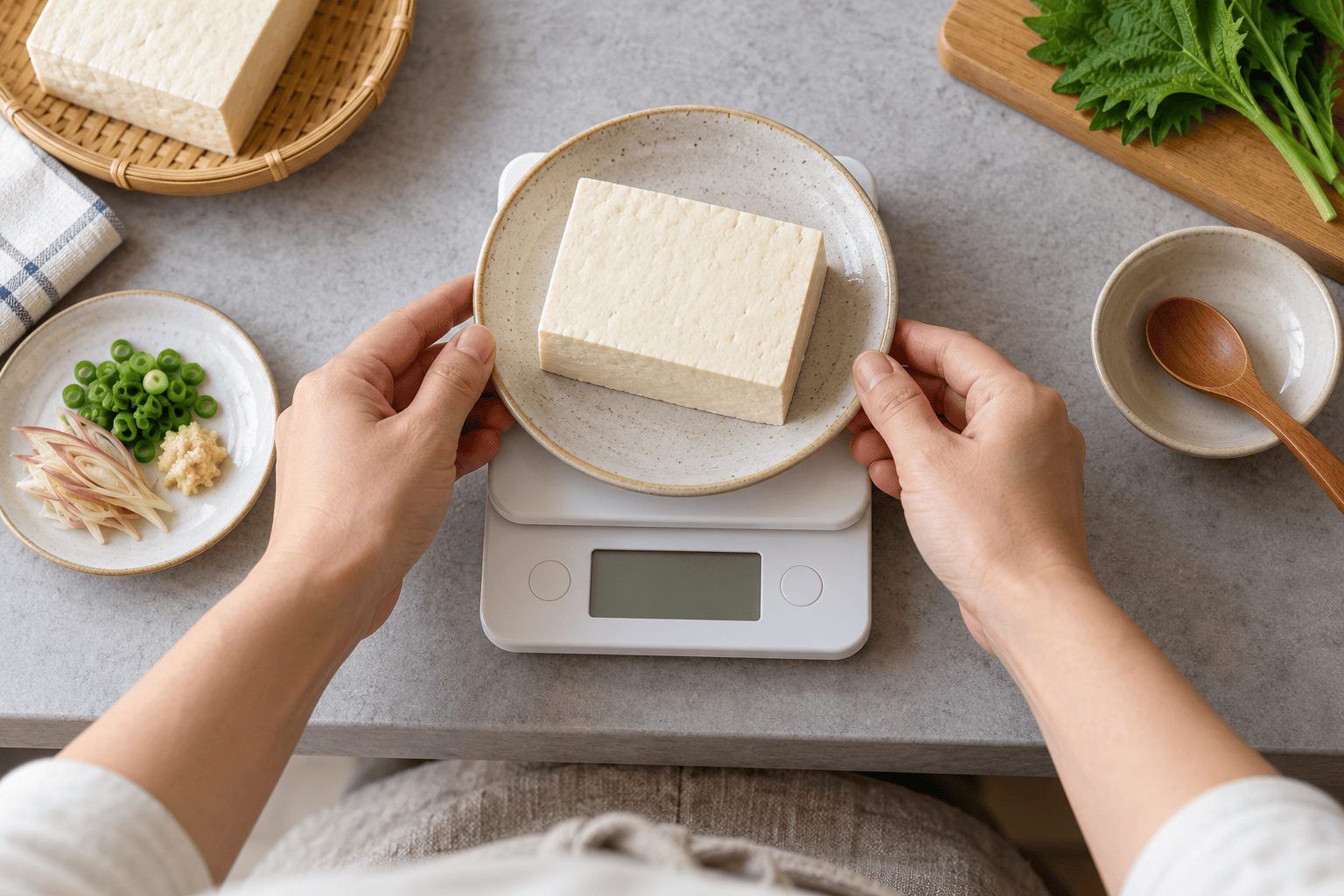 豆腐を皿に載せてキッチンスケールで計量するイメージ