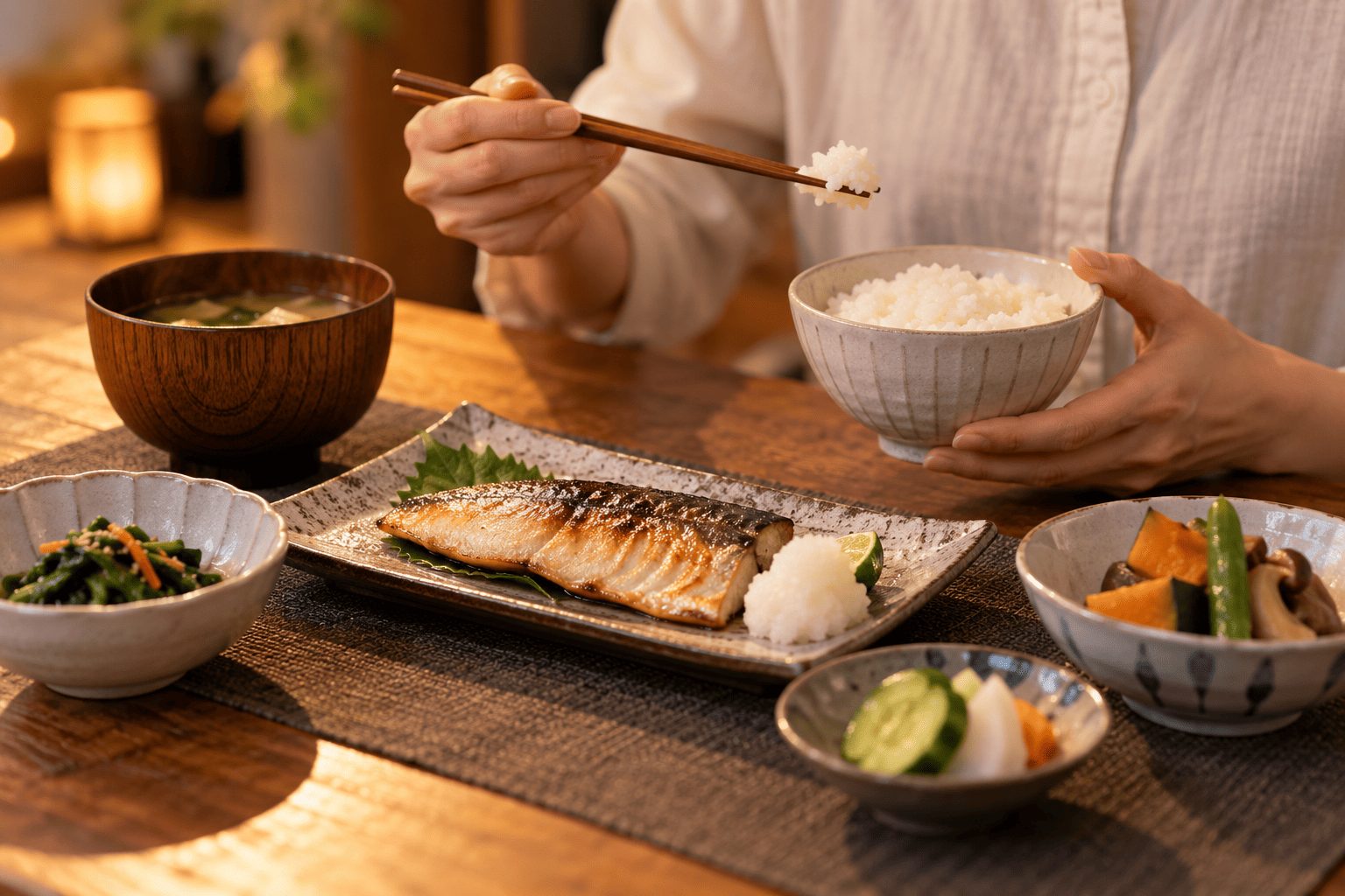 外食でごはんと魚と野菜料理を食べる場面のイメージ