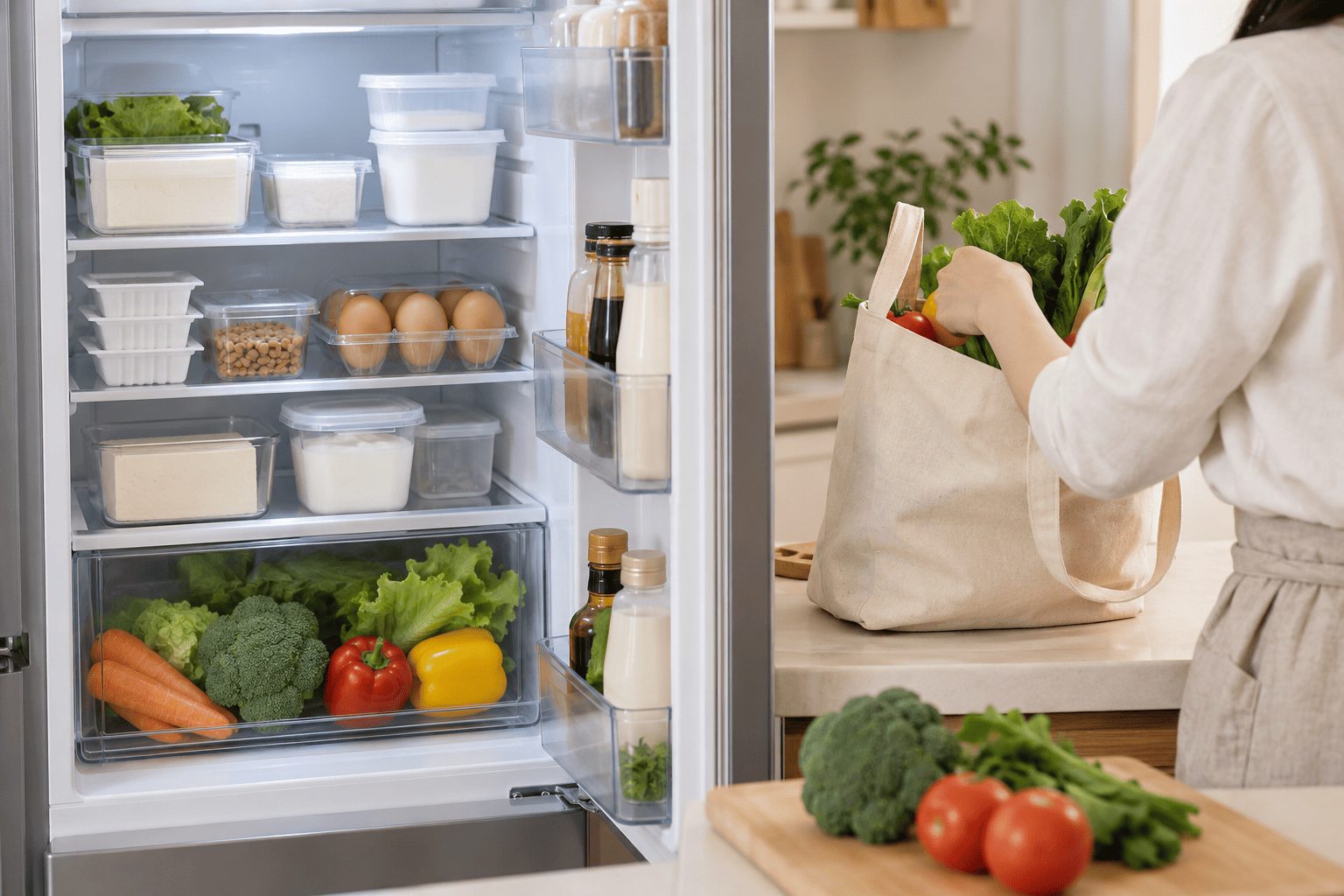 冷蔵庫の在庫と買い物した食品を整理するイメージ