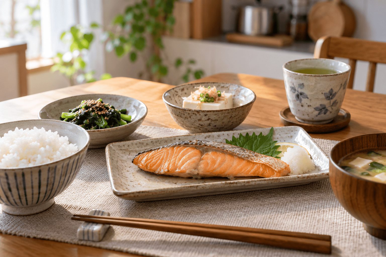 魚の主菜にご飯・野菜・豆腐を合わせた食事のイメージ